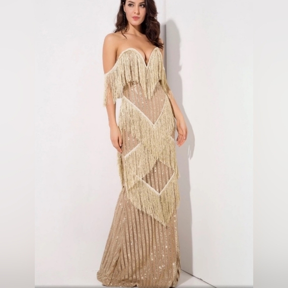 Elegant Beige Fringe Gown - Picture 9 of 11
